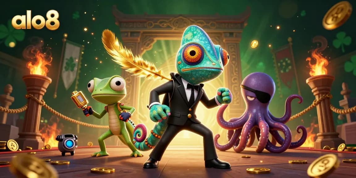 Alo8 showcases vibrant gameplay with a 3D cartoon secret agent, dynamic gaming elements, and rich casino action.
