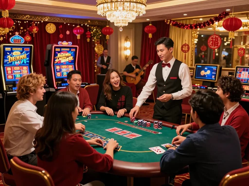 Celebration at 8kbet's luxury gaming area featuring festive decor, players enjoying various casino games, creating an inviting atmosphere.