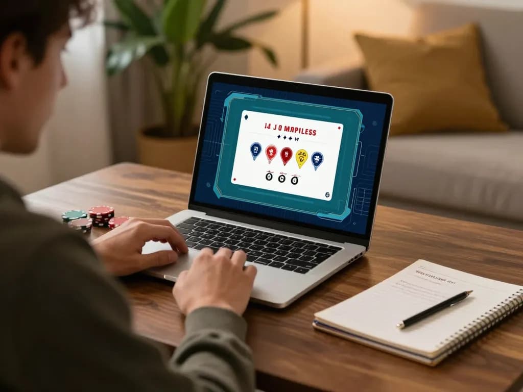 Engaged player strategizing with 789win during an online poker game at home.