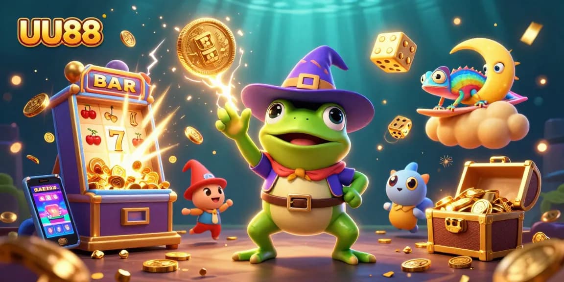 UU88 captures the excitement of gambling with a vibrant 3D illustration featuring a magical frog and a chameleon.