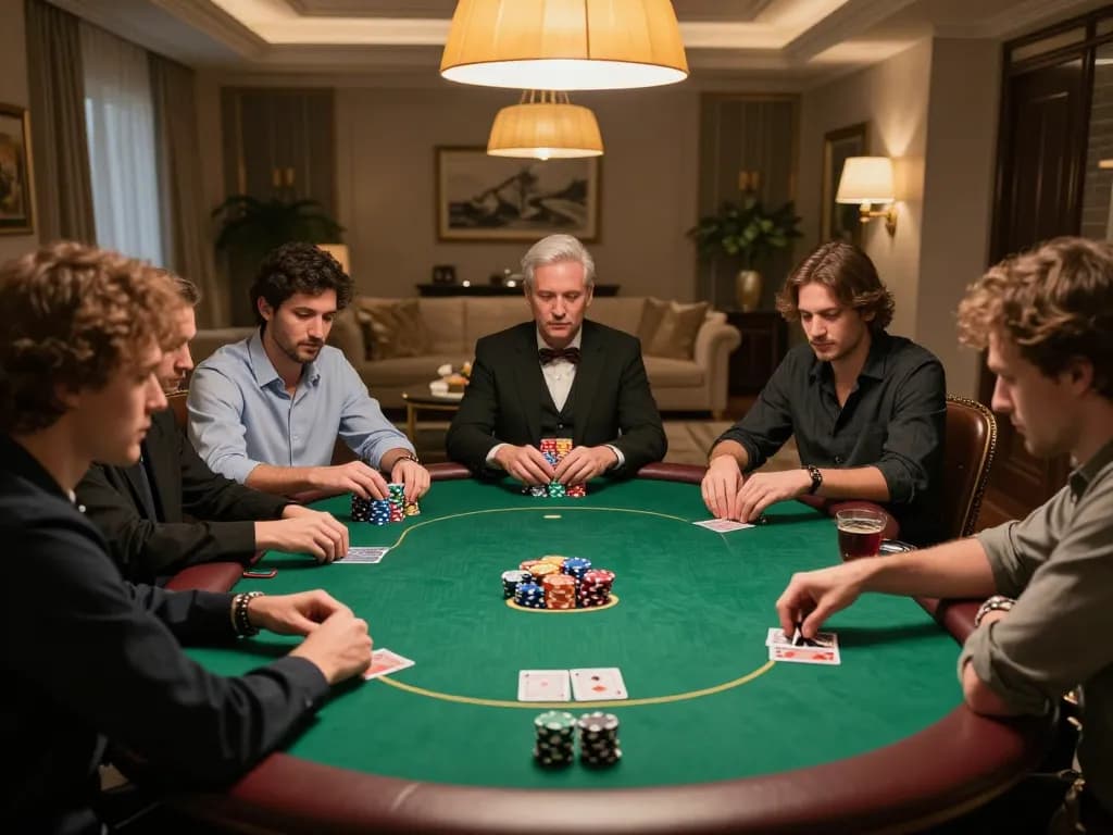 Engaged players enjoying a high-stakes poker game at home, capturing the moment dynamically at https://lode884.co.com/.