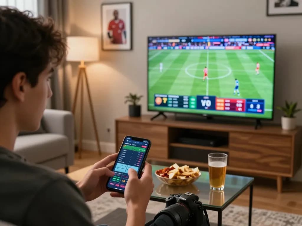 Person engaging in intense sports betting on 188bet app while watching live games from a cozy home setting.