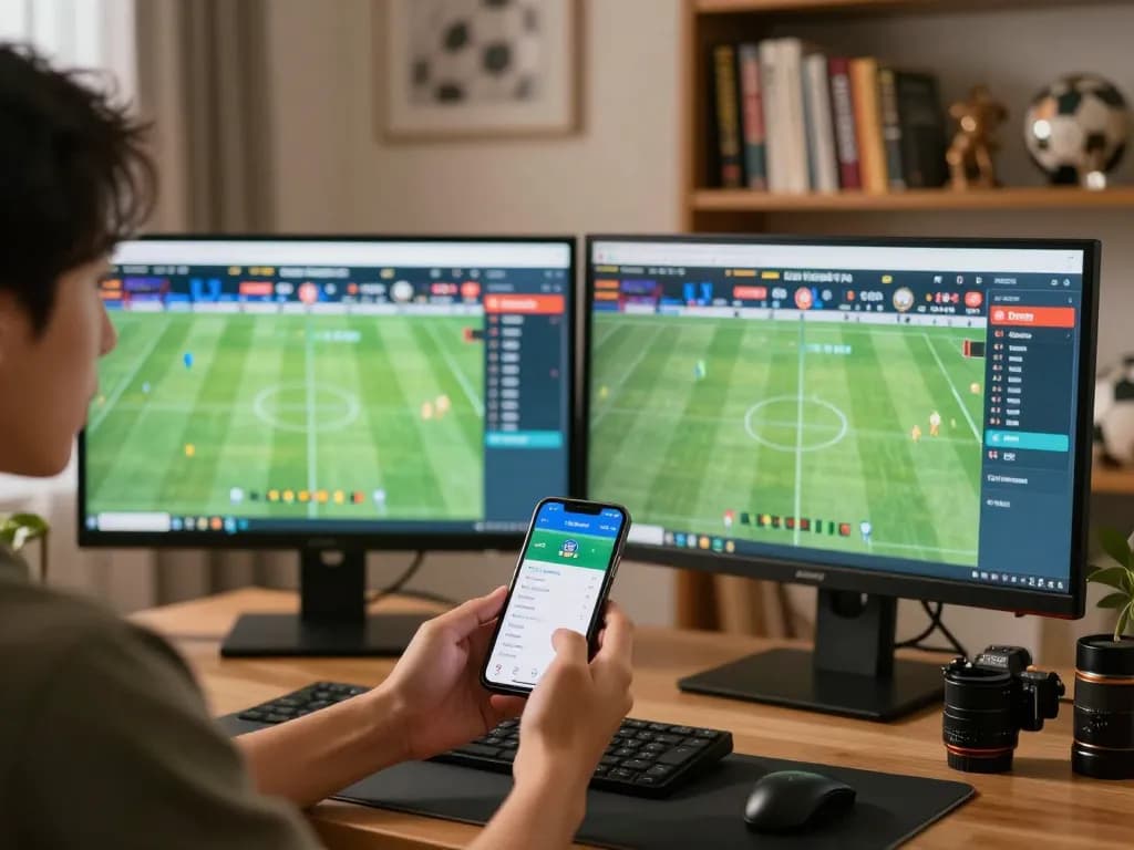 Tỷ lệ kèo nhà cái hôm nay showcased on monitors in an engaging home sports betting setup.