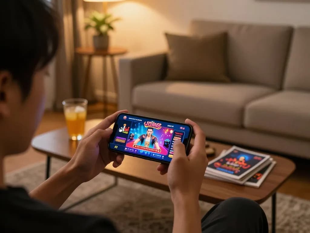 Engaging with Jili games on a smartphone in a cozy home setup, showcasing an interactive gaming experience.
