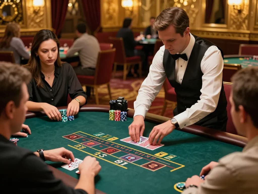 O8 players engaged in an exciting blackjack game with a professional dealer, showcasing strategic gameplay