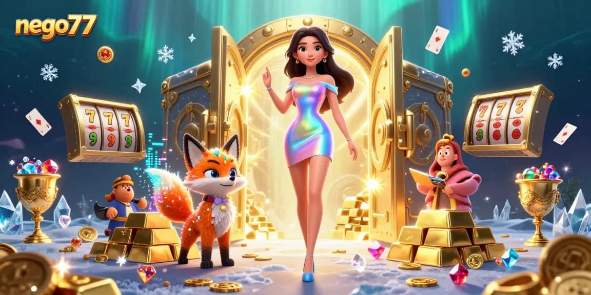 Experience gaming thrills with NEGO77's vibrant 3D illustration, showcasing dynamic casino elements.