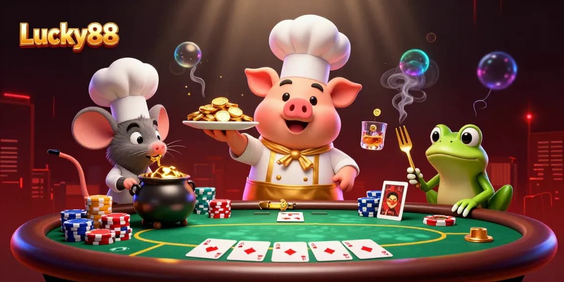 Gamble effectively with Lucky88's vibrant casino scene featuring a chef pig, sous-chef mouse, and critic frog.