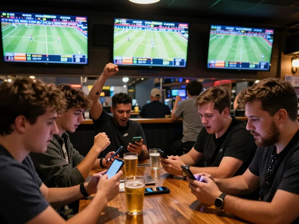 Friends celebrating their sports betting success while checking live scores and stats for ผลบอล action at a busy bar.