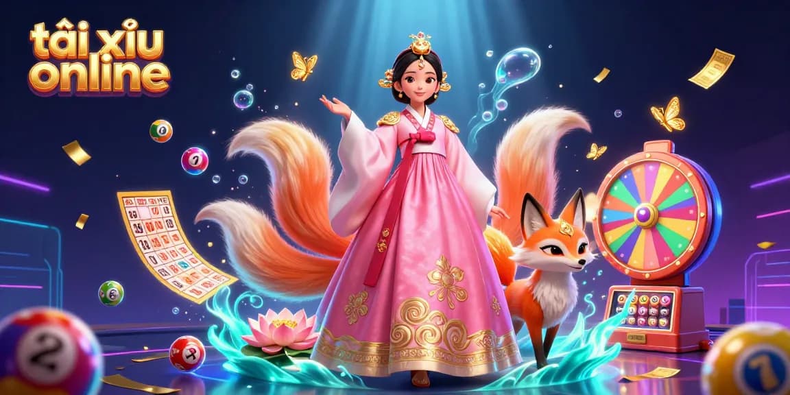 Experience the thrill of tài xỉu online with an elegant Asian woman in a hanbok surrounded by vibrant casino elements.