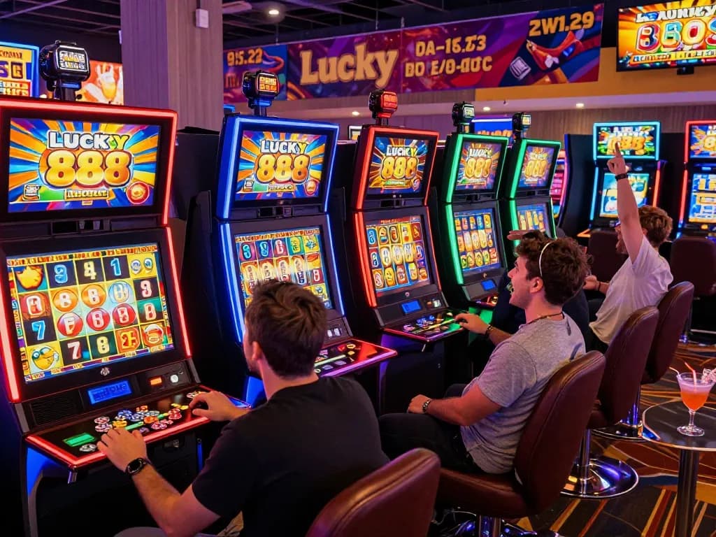 Exciting gaming scene with players enjoying Lucky 88 machines at a lively casino, capturing the atmosphere of winning and thrill at https://lucky88.foo/.