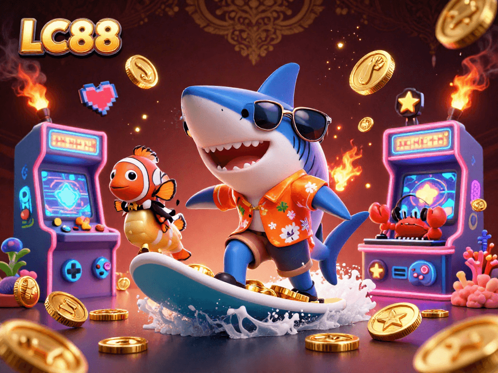 Experience the thrill of gaming with LC88, a vibrant illustration of a shark and playful characters in a casino setting.