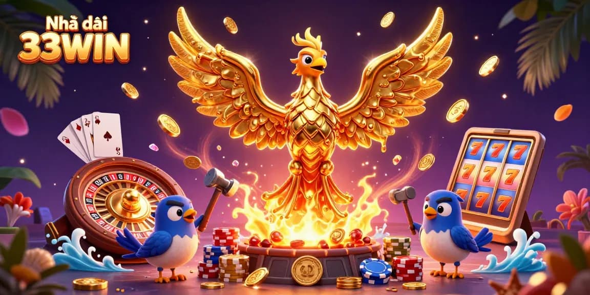 Play thrilling games at Nhà cái 33WIN, featuring golden phoenix and dynamic casino elements.