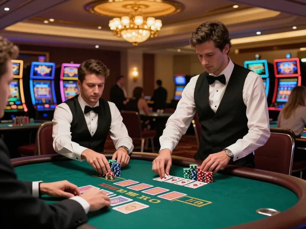 Engaging blackjack gameplay at mb66 casino, showcasing players and dealer in a vibrant atmosphere.