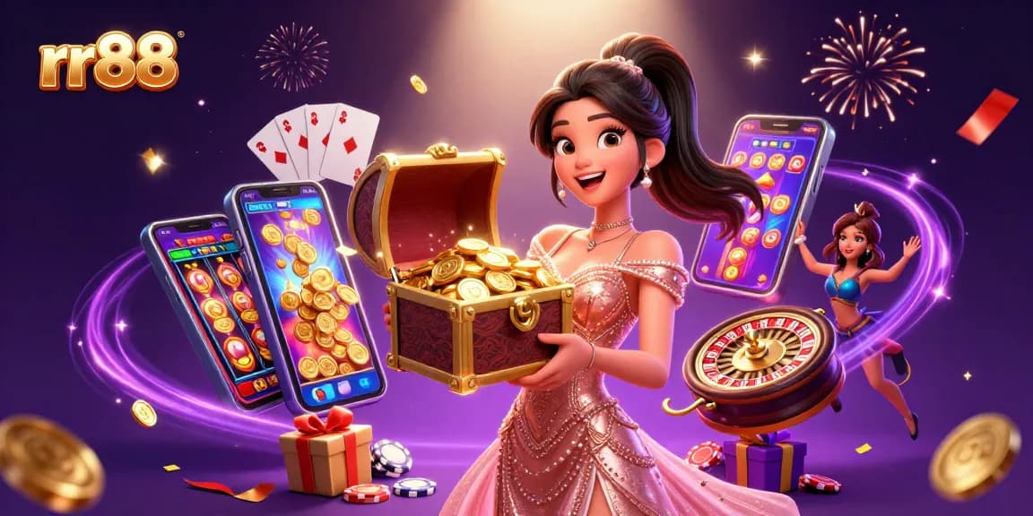 Experience the excitement of rr88 as treasures explode in vibrant casino scenes filled with games.