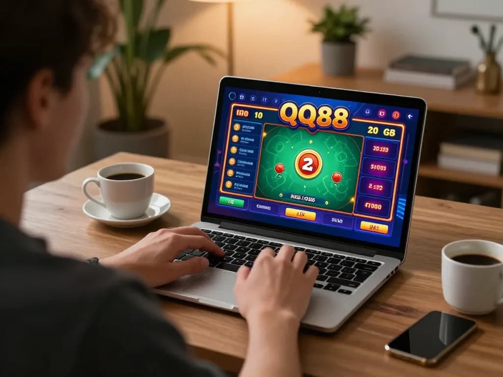 Engaging online gambling scene at home with a player enjoying qq88 games on a laptop.
