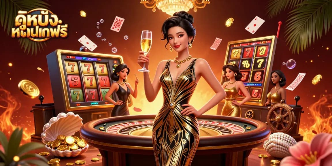 Engage with ดูหนังออนไลน์ฟรี, a stunning digital illustration highlighting glamorous casino action, featuring elegant characters amidst dynamic gaming elements.