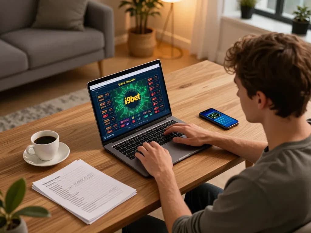 Player engaging in live betting on the i9bet platform in a stylish home office, promoting strategic gambling.