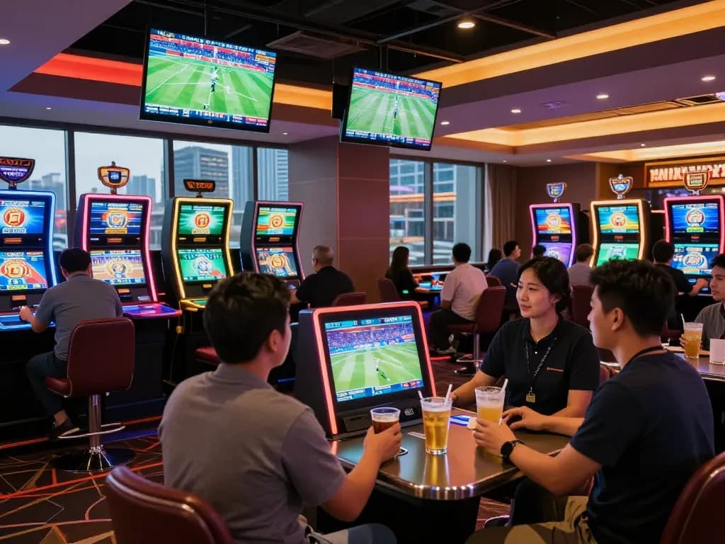 Exciting sports betting scene in upscale casino, featuring kèo nhà cái screens and enthusiastic bettors.