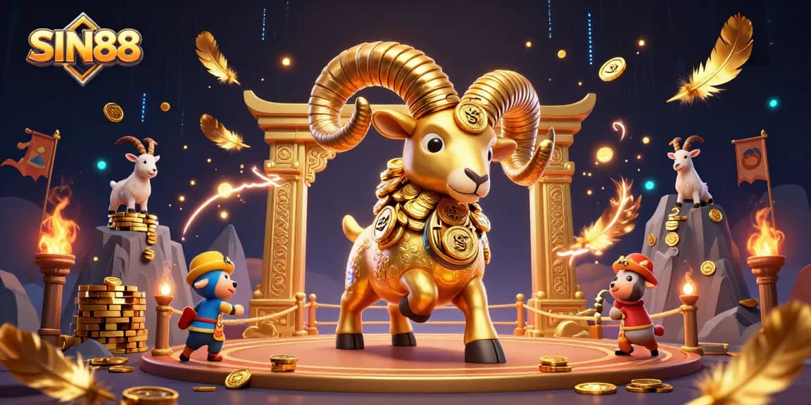 SIN88 embodies the thrill of modern gambling as a golden ram charges through casino elements, showcasing excitement and fortune.