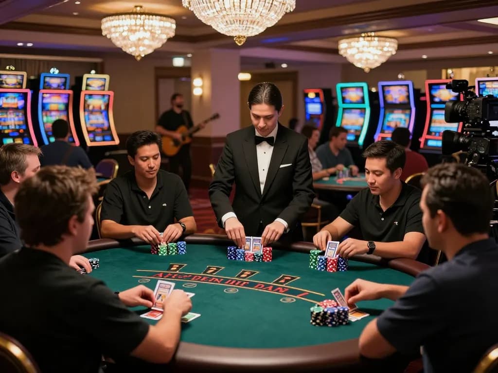 Players enjoying a thrilling blackjack game at a vibrant casino floor with SC88 chips and cards in action.