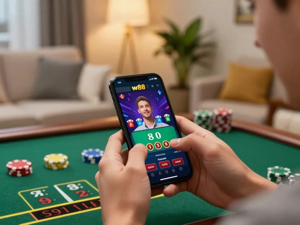 Player immersed in ww88 mobile casino app, winning at live dealer blackjack in cozy home setting.