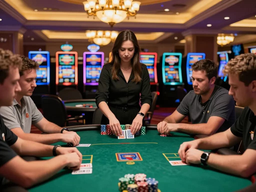 Players are focused on their strategies at 789club poker table, with vibrant chips and cards in action.