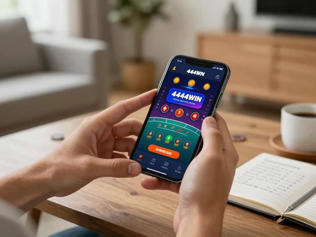 Person exploring betting options on the 4444WIN app in a cozy home setting