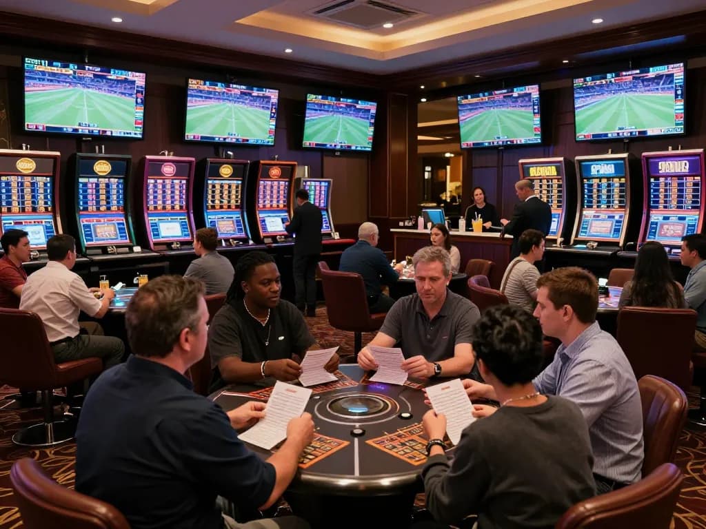 Active sports betting scene at keonhacaii88 with enthusiastic bettors analyzing odds.