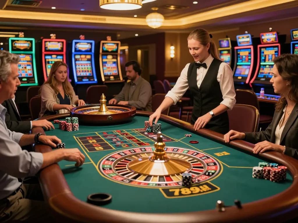 Players enjoying roulette at 789win casino, with vibrant lighting and dynamic action.