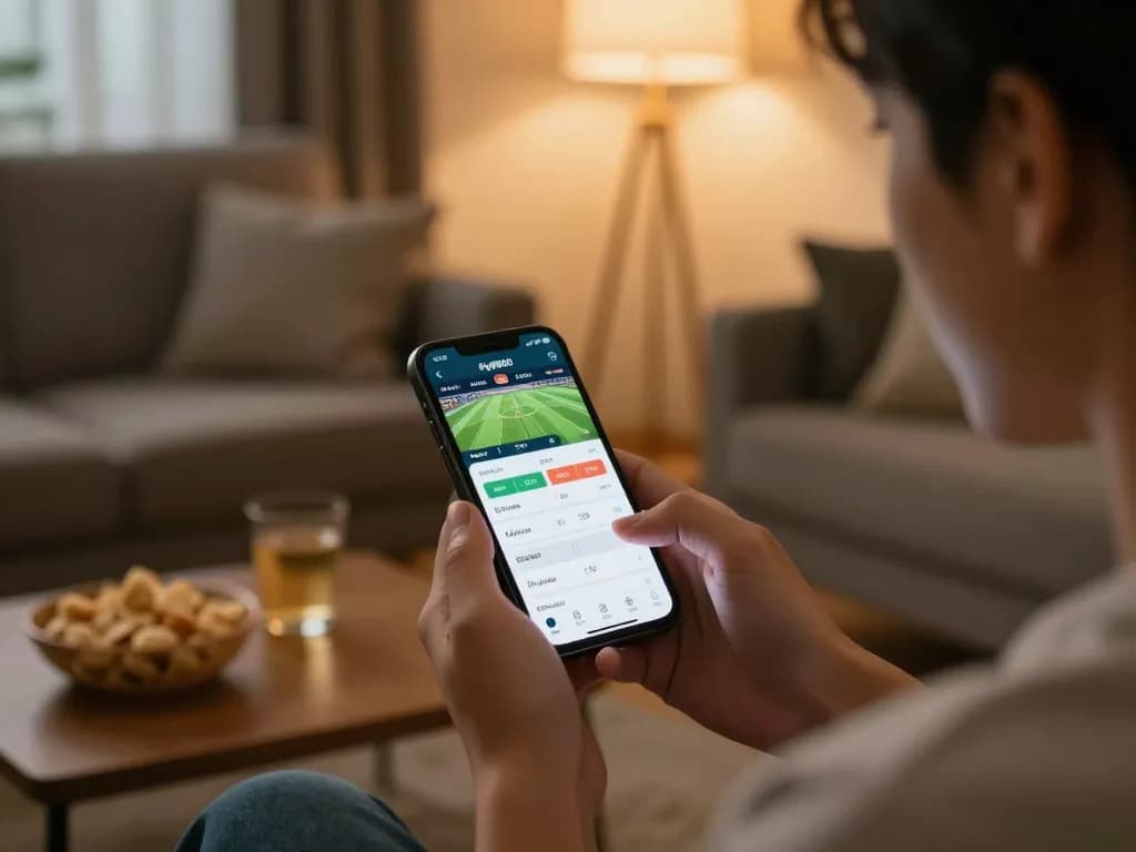 Engaging user placing bets on fly8800 app during live sports event.