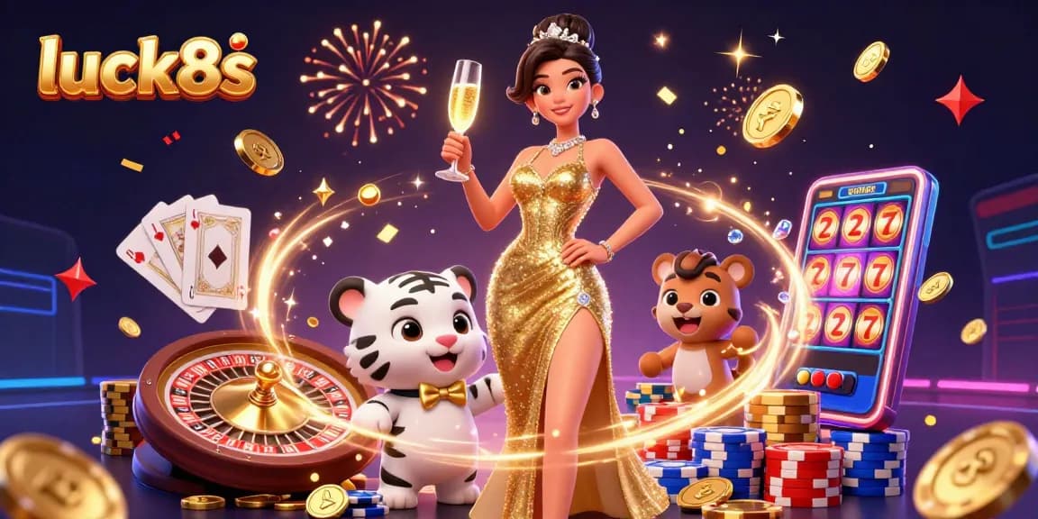 Win big with luck8s in a vibrant casino scene featuring a glamorous woman and a lucky tiger!