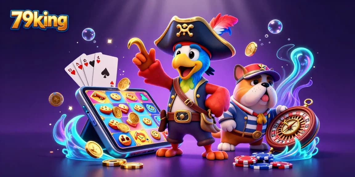 Experience the excitement of 79king with a vibrant 3D casino illustration featuring a pirate captain, bulldog, and cat navigating a world of games.