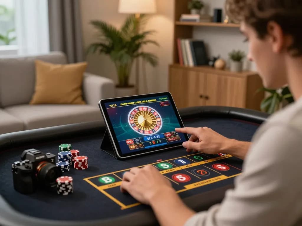 Engaging in online casino gaming at home with hitclub on a tablet, calculating betting odds