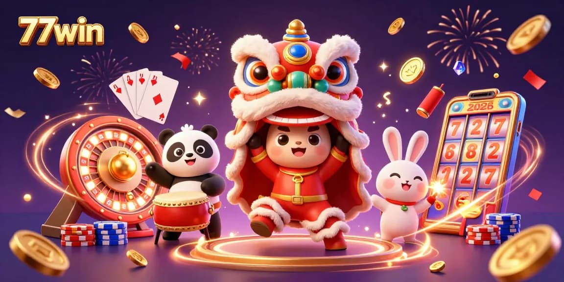 Experience the excitement of 77win's casino with a lively 3D illustration of characters celebrating wins.