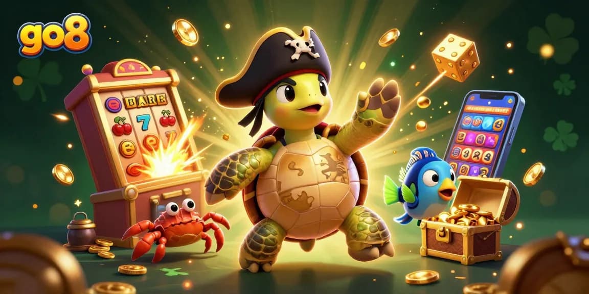 Spin the go8 slot reels with characters pirate turtle, crab, and fish amid treasures and excitement.