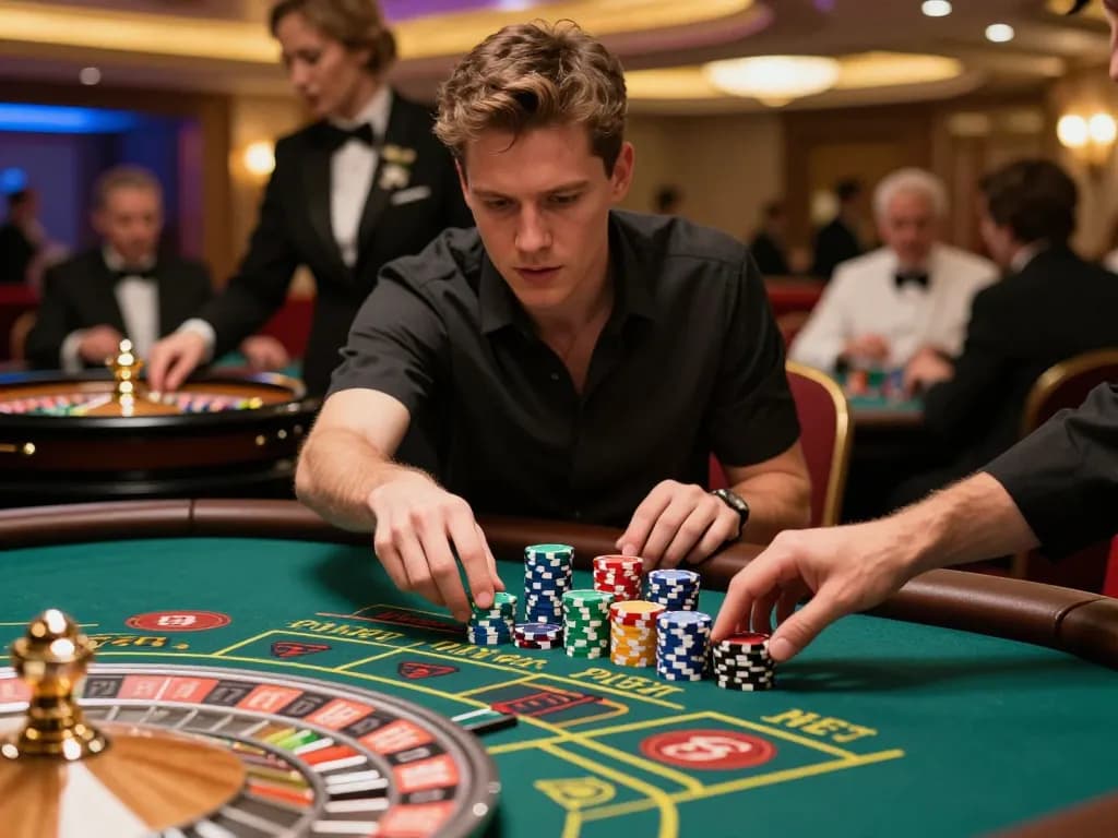 Engaged player placing bets at the roulette table in an upscale casino scene showcasing https://n188.build/ excitement.
