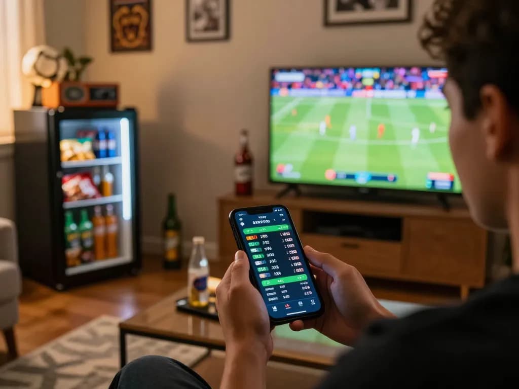 Engaging in live sports betting at home with https://tx88at.com/ on smartphone, showcasing excitement and strategy.