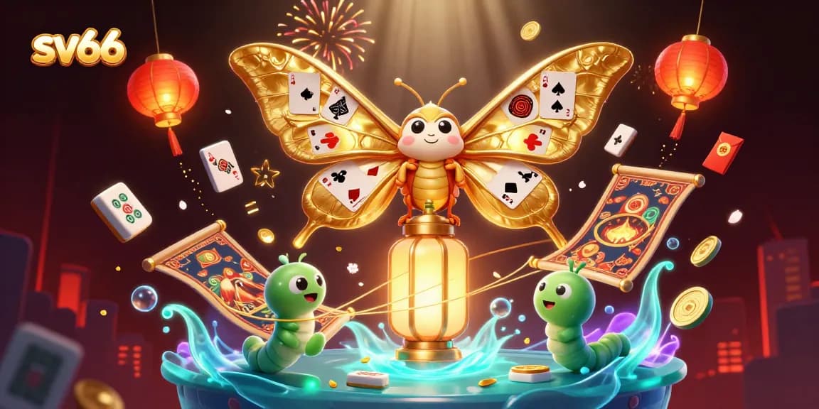 Discover sv66's vibrant casino atmosphere with a majestic moth and floating gaming elements.