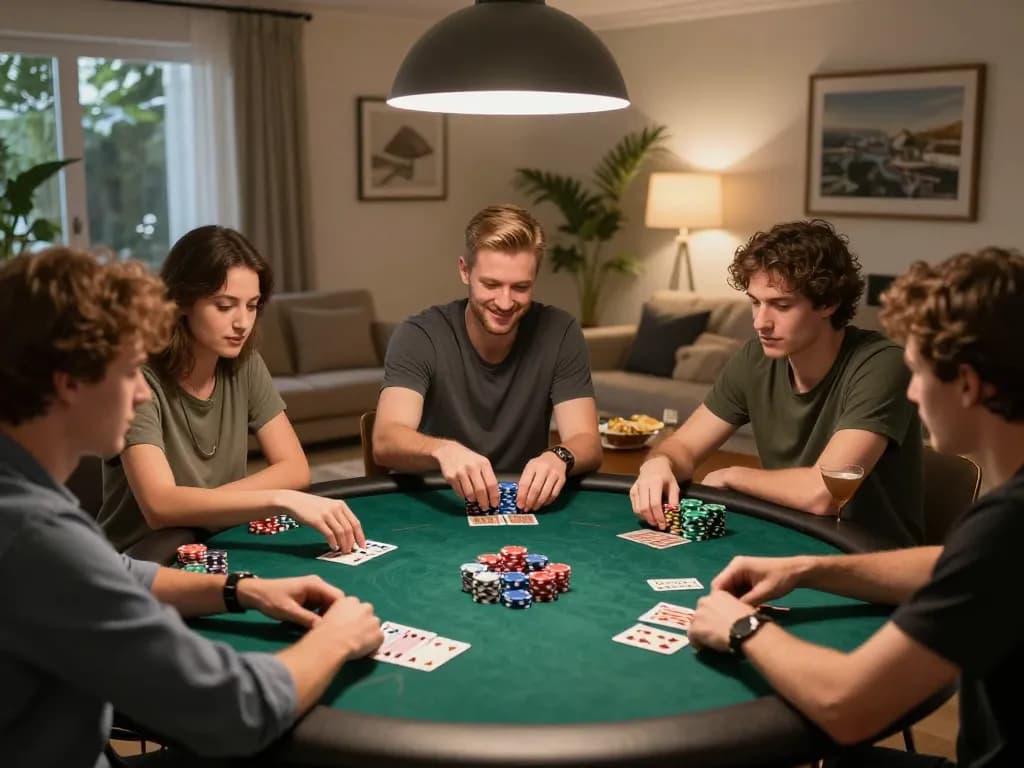 Engaging friends playing poker during a lively night, highlighting 789win theme of social gambling.
