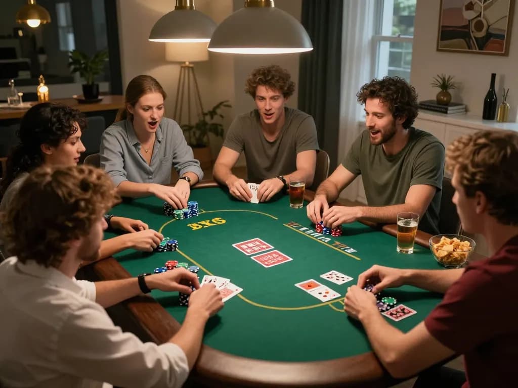Friends engaging in competitive poker at home, showcasing an exciting go999 gaming night.