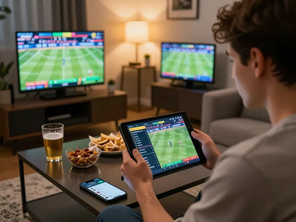 Intensely focused on online betting, a user analyzes debet odds on a tablet amidst a vibrant sports event.