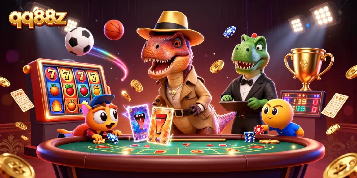 Engage in thrilling gameplay at qq88z with cartoon velociraptor card counter sneaking chips amidst casino excitement.