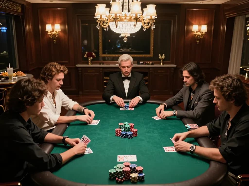 Players engage in a thrilling poker game at fly88, showcasing strategy and excitement in a luxurious setting.