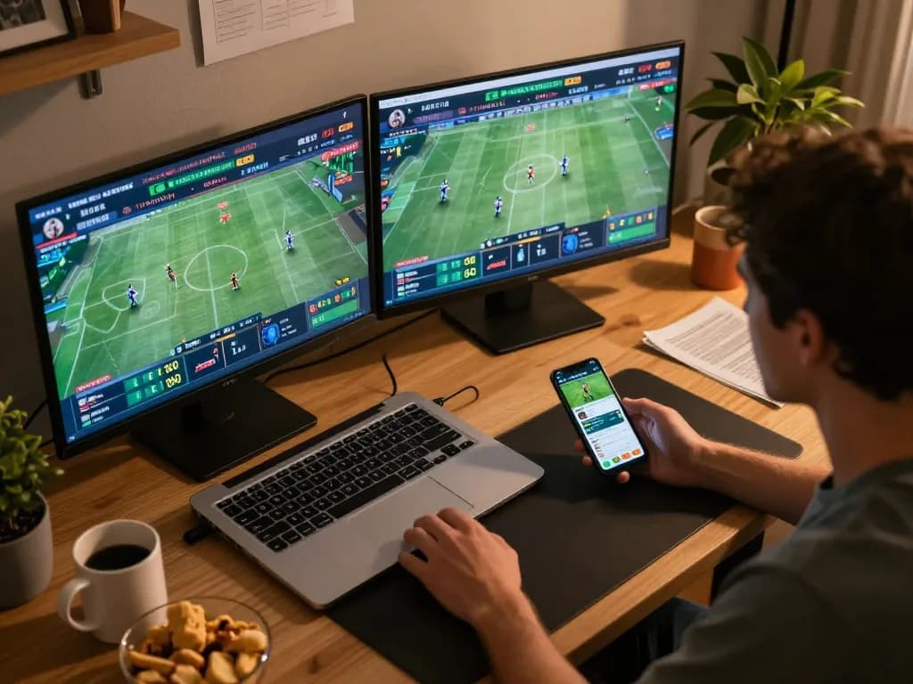 Engaged player analyzing betting odds for giải mã số học in a dynamic online sports setting, capturing strategic gameplay.
