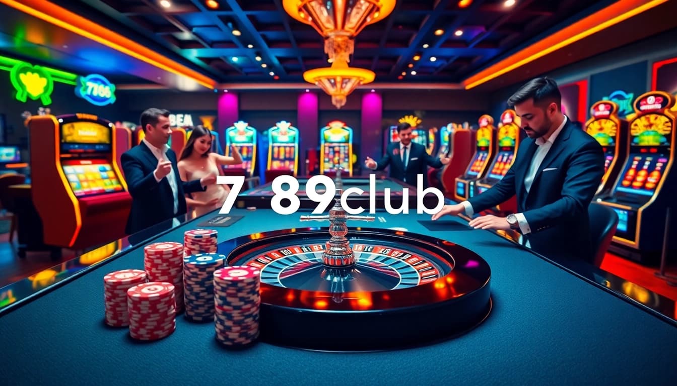 Players enjoying high-stakes games at 789club, with vibrant casino elements and a luxurious atmosphere.