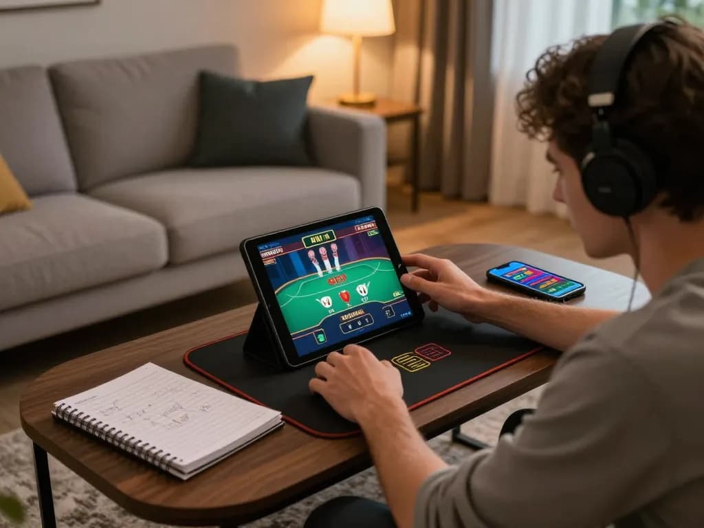 Player engaging with rr88 live dealer poker on a tablet in a cozy home setup.