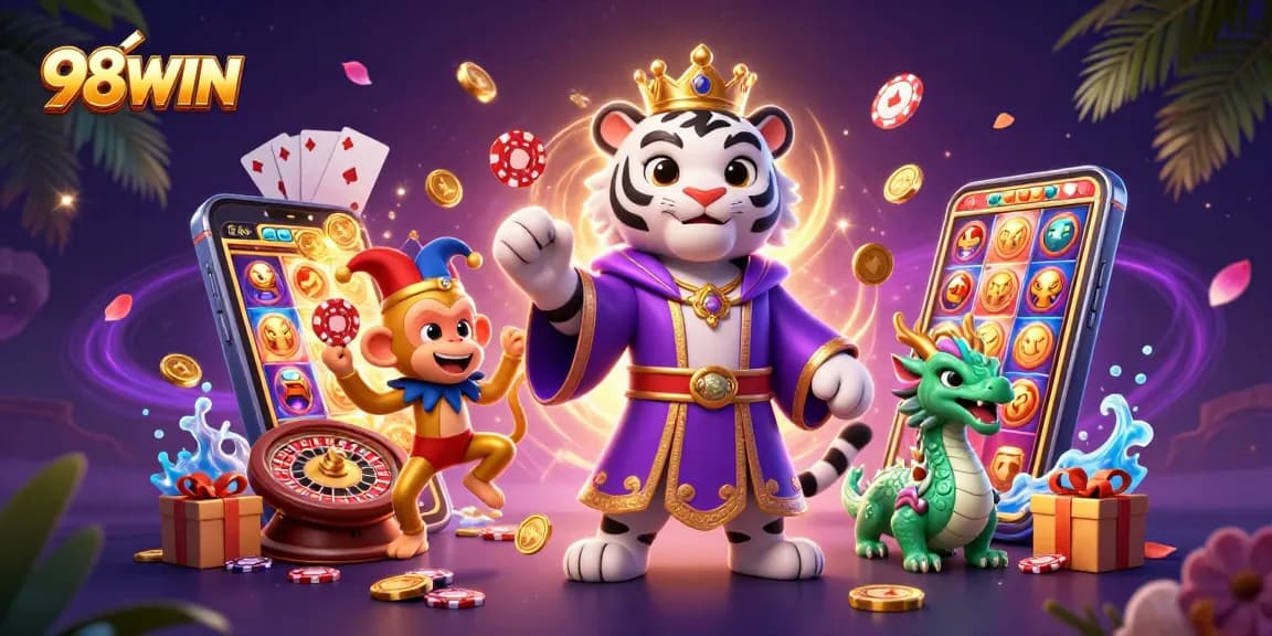 Engage with 98WIN's vibrant casino atmosphere, featuring a royal tiger and playful jester amid exciting gambling elements.