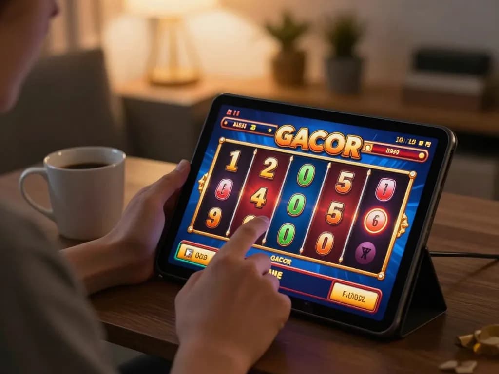 Engaging in a thrilling Slot Gacor game on a tablet in a cozy home setting, showcasing responsible online gaming.