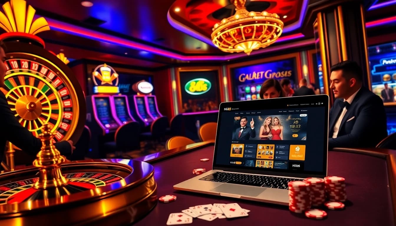 Players engaging at Hi88 casino with vibrant slot machines and roulette wheel.