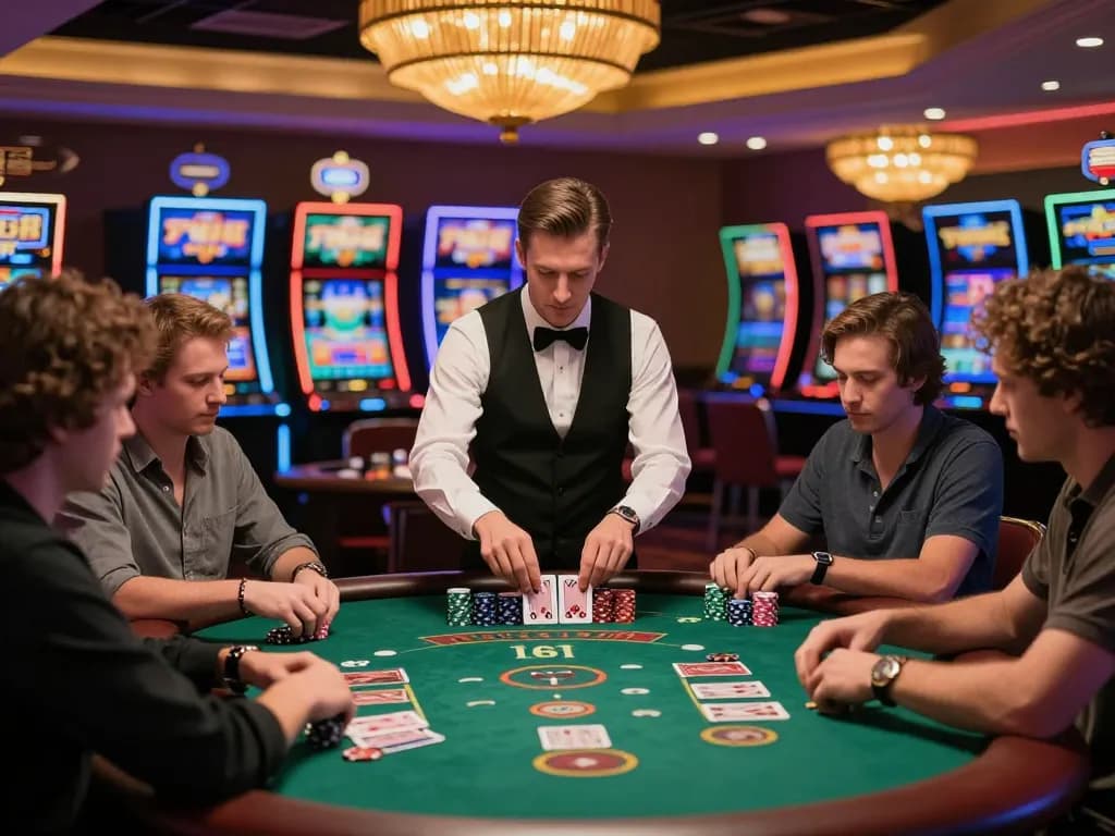Players at an F168 blackjack table engaged in intense gameplay, showcasing strategy and excitement in a casino.